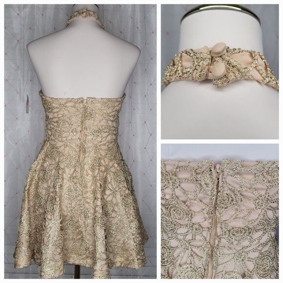 Gold Sz 4 Baroque Halter Skater Cocktail Holiday Party Dress NYE Birthday NWOT - Picture 3 of 8